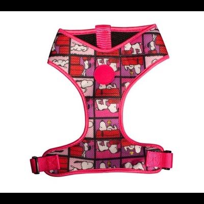 Peitoral para cão rosa e vermelho com padrão de Snoopy