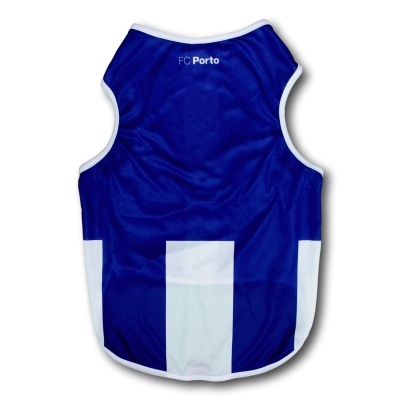 Camisola desportiva azul e branca para cão com texto FC Porto