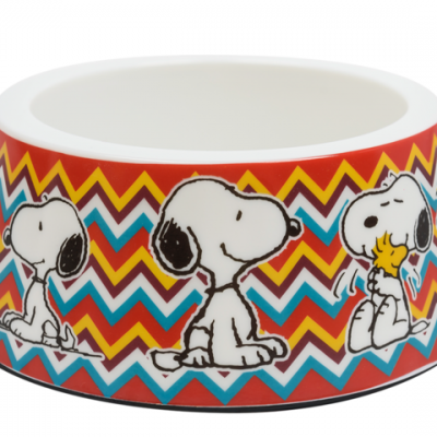 Taça para animais com padrão colorido e imagens do Snoopy.