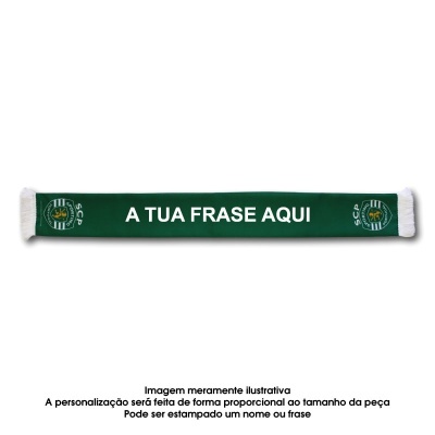 Cachecol verde com texto branco A TUA FRASE AQUI e logotipos SCP nas pontas
