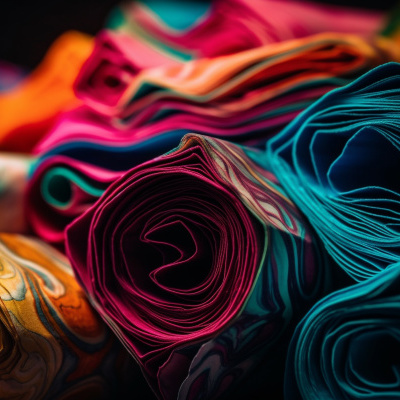 Rolos de tecido colorido com padrões abstratos em fundo escuro