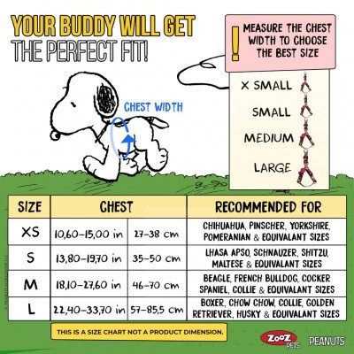 Gráfico de tamanhos de arnês para cães com ilustração do Snoopy e tabela de medidas em centímetros.