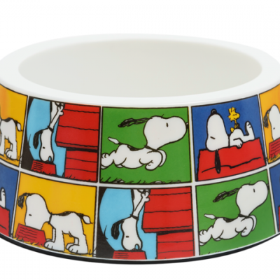 Comedouro redondo branco em cerâmica com quadrinhos coloridos do Snoopy.