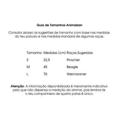 Guia de Tamanhos Animalzan com tamanhos S, M, L, medidas em cm e raças sugeridas para cães.