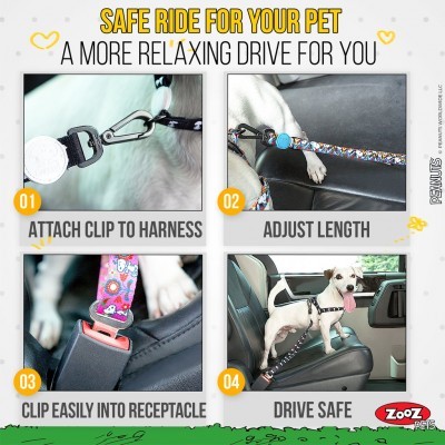 Quatro imagens do uso de um arnês e trela colorida para cães dentro de um carro, com instruções em inglês.