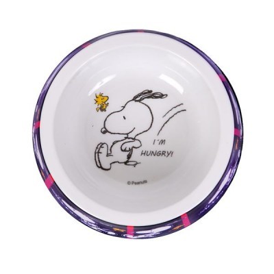 Tigela branca com borda roxa e rosa com Snoopy e texto I'M HUNGRY!