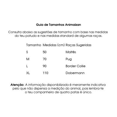 Guia de tamanhos Animalzan para cães com raças e medidas