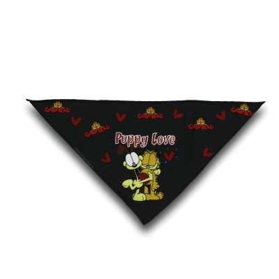 Bandana preta para cão com estampa de Garfield, Odie e corações vermelhos.