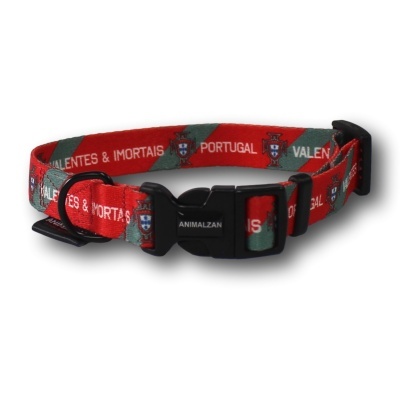 Colar para animais vermelho e verde com escudo de Portugal e texto, fivela preta