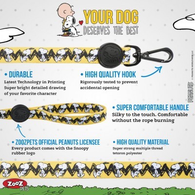 Trela para cão amarela com padrão Snoopy e Woodstock com gancho preto e logo emborrachado de Snoopy
