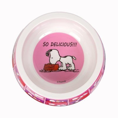 Prato para cão branco com interior rosa e desenho do Snoopy a comer