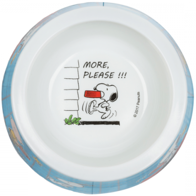 Prato de cerâmica branco com ilustração do Snoopy e texto MORE, PLEASE !!! no centro, borda azul com padrão Peanuts