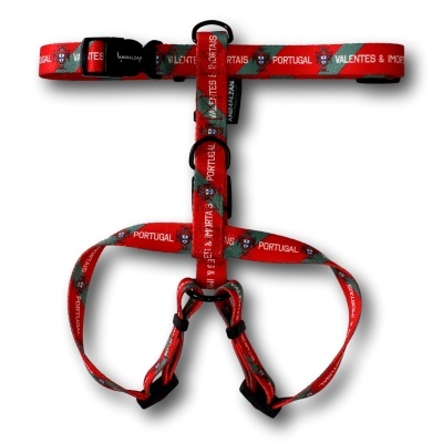 Arnês para cães vermelho com texto VALENTES & IMPORTANTES PORTUGAL