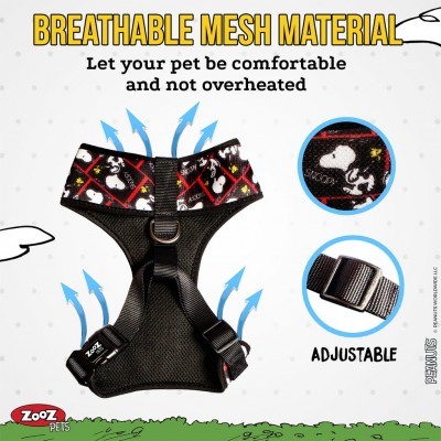 Peitoral preto e vermelho para animal com padrão Snoopy e texto informativo sobre material respirável