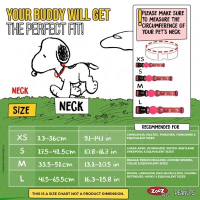 Guia de tamanhos de coleiras de pescoço para cães com imagem do Snoopy com coleira vermelha.
