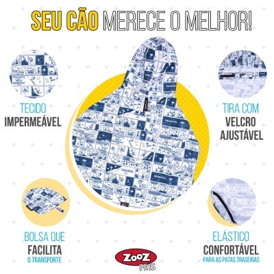 Promoção de produto para cães com características de tecido impermeável, velcro ajustável, bolsa para transporte e elástico confortável, com texto em português.