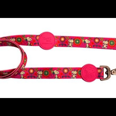 Trela para cães colorida com padrão floral e personagens e alças cor-de-rosa