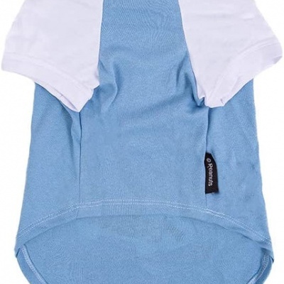 Camisola para cão azul claro com mangas brancas e etiqueta preta lateral