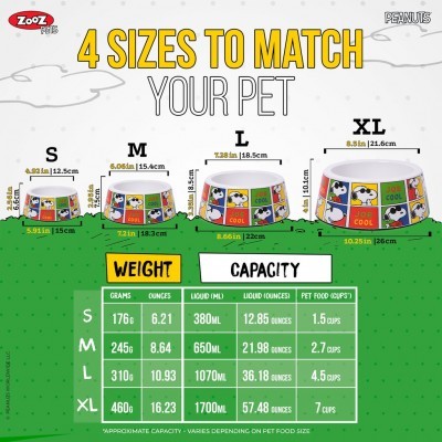 Tigelas para animais em quatro tamanhos com design dos Peanuts e tabela de capacidades