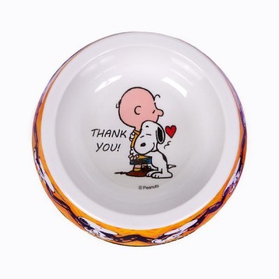 Prato branco cerâmico com ilustração de Charlie Brown e Snoopy abraçados e texto THANK YOU!