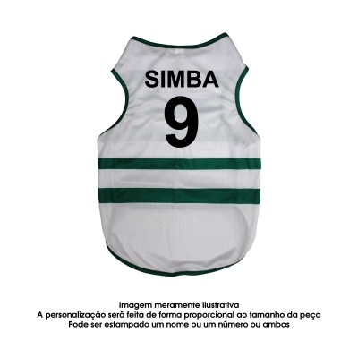 Colete para cão branco com bandas e bordas verdes, texto SIMBA e número 9 preto