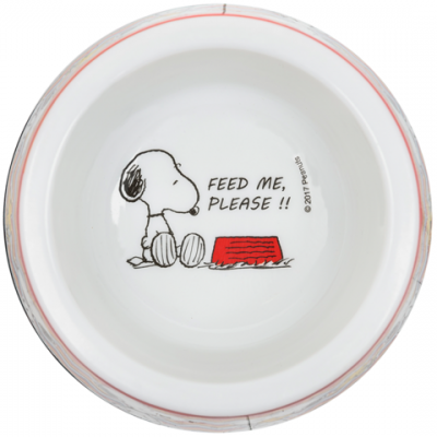 Tigela branca de cerâmica com desenho do Snoopy e texto 'FEED ME, PLEASE !!' no interior