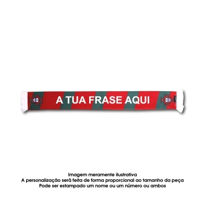 Cachecol vermelho e verde com texto branco e emblemas da bandeira de Portugal