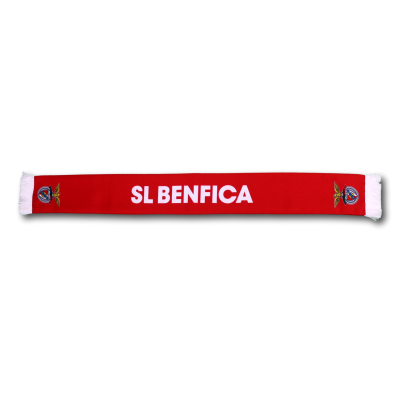 Cachecol vermelho SL Benfica com texto e emblemas do clube