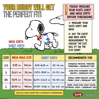 Gráfico colorido com Snoopy e tabela de tamanhos para cães, instruções para medir peito e pescoço.