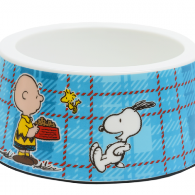 Taça para animais decorada com personagens Charlie Brown, Woodstock e Snoopy