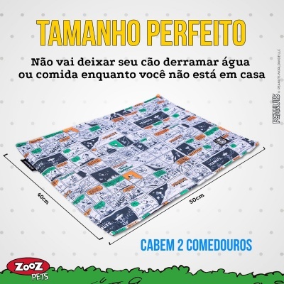 Tapete para cães com padrão colorido e texto promocional em português sobre tamanho perfeito e capacidade para 2 comedouros.