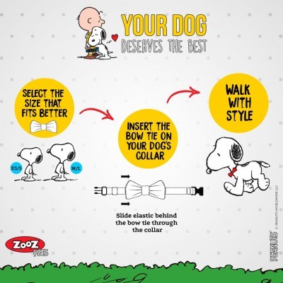 Instruções para colocar gravata borboleta em colar de cão com personagens Snoopy e Charlie Brown