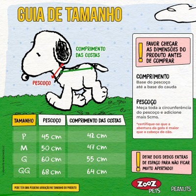 Guia de tamanhos para peitorais de cão com medidas e ilustração do Snoopy