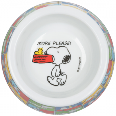 Prato para cão branco com borda colorida e ilustração de Snoopy