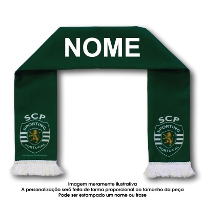 Cachecol verde escuro com logótipos do Sporting e palavra NOME em branco