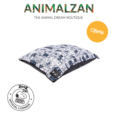 Almofada para animais azul e branca com padrão de desenhos e etiquetas, selo oficial Snoopy, oferta