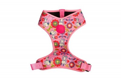 Peitoral para animal de estimação cor-de-rosa com padrão de flores coloridas
