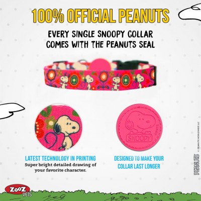 Coleira para animais com padrão Snoopy colorido e selo oficial.