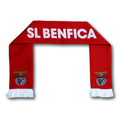 Cachecol vermelho com texto SL BENFICA e emblemas do clube