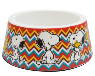 Taça para animais com padrão colorido e imagens do Snoopy.