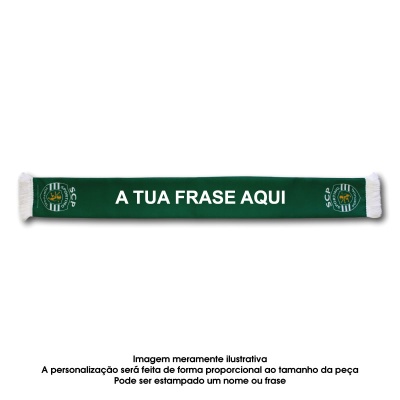 Cachecol verde com texto branco A TUA FRASE AQUI e logotipos SCP nas pontas