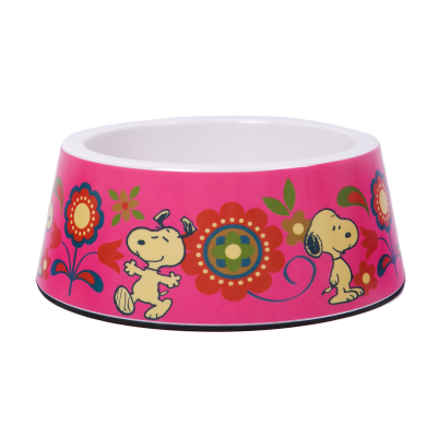 Comedouro redondo rosa decorado com Snoopy e flores