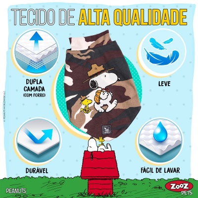 Acessório para pets camuflado com estampa Snoopy e texto sobre qualidade do tecido