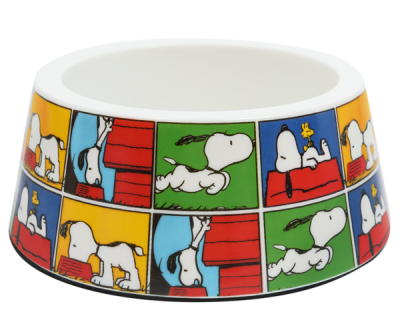 Comedouro redondo branco em cerâmica com quadrinhos coloridos do Snoopy.