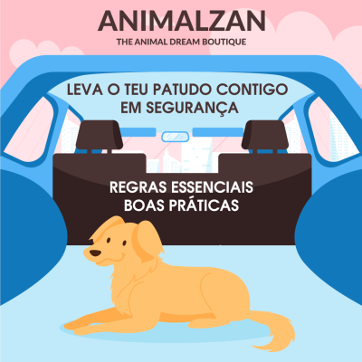Interior de carro azul com cão amarelo deitado e texto sobre segurança de animais