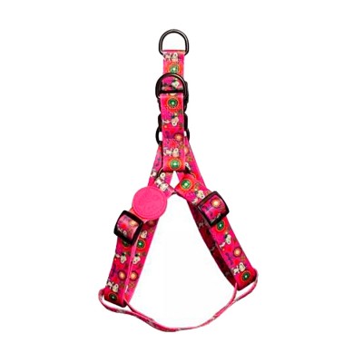 Peitoral cor-de-rosa para animal com desenhos coloridos e fivelas pretas
