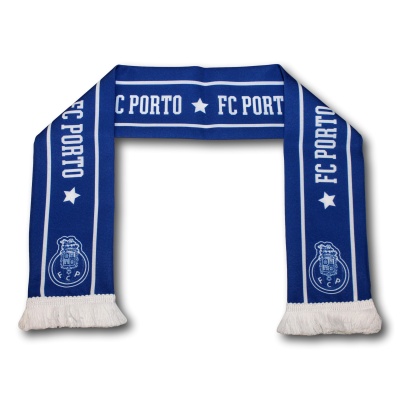Cachecol azul FC Porto com franjas brancas e brasões do clube