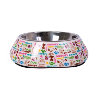 Tigela para cães decorada com desenhos de Snoopy e ossos coloridos