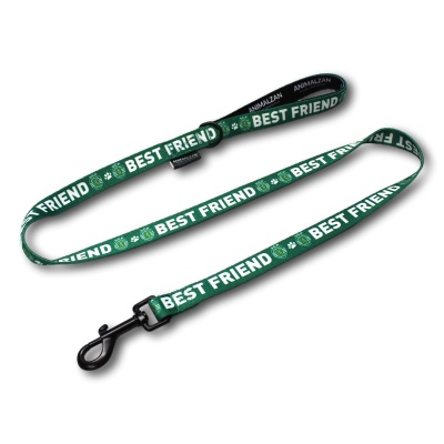 Trela para cão verde com texto BEST FRIEND e ícones, mosquetão preto