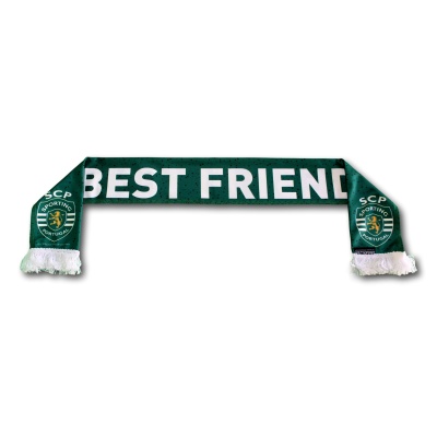 Cachecol verde escuro Sporting Clube de Portugal com texto BEST FRIEND e franjas brancas